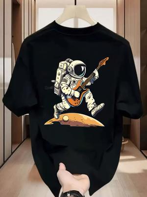 Men Cotton Graphic T-Shirt Astronaut Playing Guitar On Moon Print Casual Round Neck Short Sleeve Summer Tee Men Clothing
