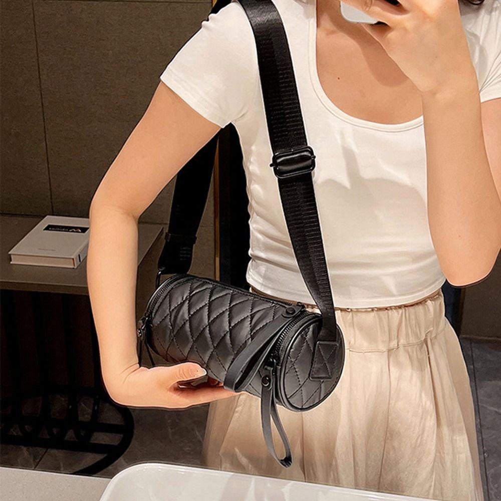 Elegant Rhombus Crossbody Bag Plaid Cylinder Bag Casual Nylon Shoulder Bag  Girls