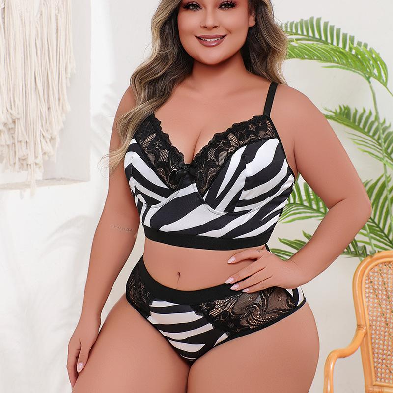Set Lenjerie Sexy Dantelă Imprimeu Zebră Mărimi Mari Femei Sutien cu Susținere Adunată și Chiloți Set Două Piese