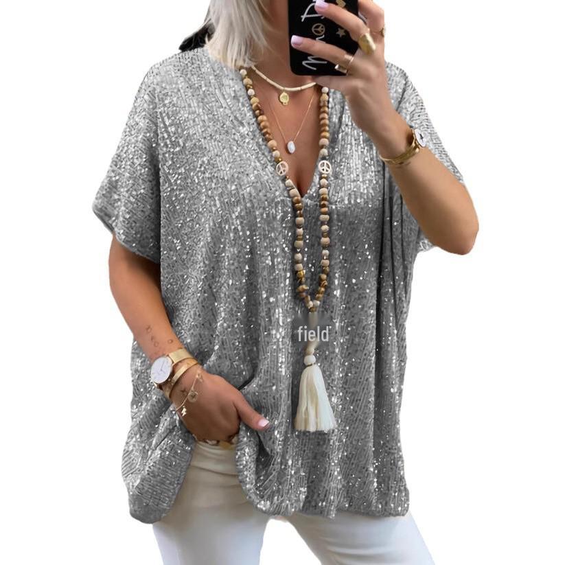 In Stock! 2021 Women's Summer Casual Loose Fit Sequin T-Shirt, Solid Color Short Sleeve Pullover