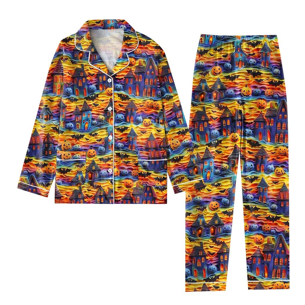 2-teiliger bedruckter Damen-Anzug, langärmelig, Oberteil mit Knopfleiste, weite Hosen, Anzug-Set, Schlafanzug, Home-Casual-Anzug