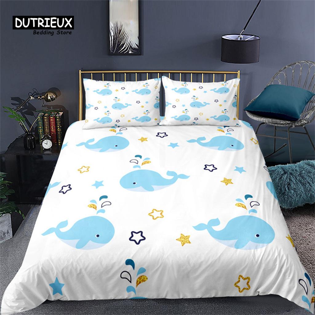 Cartoon Fish Dolphin Turtle Ocean Toddler Bedding Set For Kids Marine Themed Duvet Cover Microfiber Sea Creatures Quilt Cover