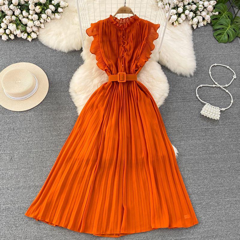 Fancy Light Luxury Temperament Flying Sleeves round Neck Waist Trimming Slim Looking A- line Pleated Dress Elegance Swing Long Dress