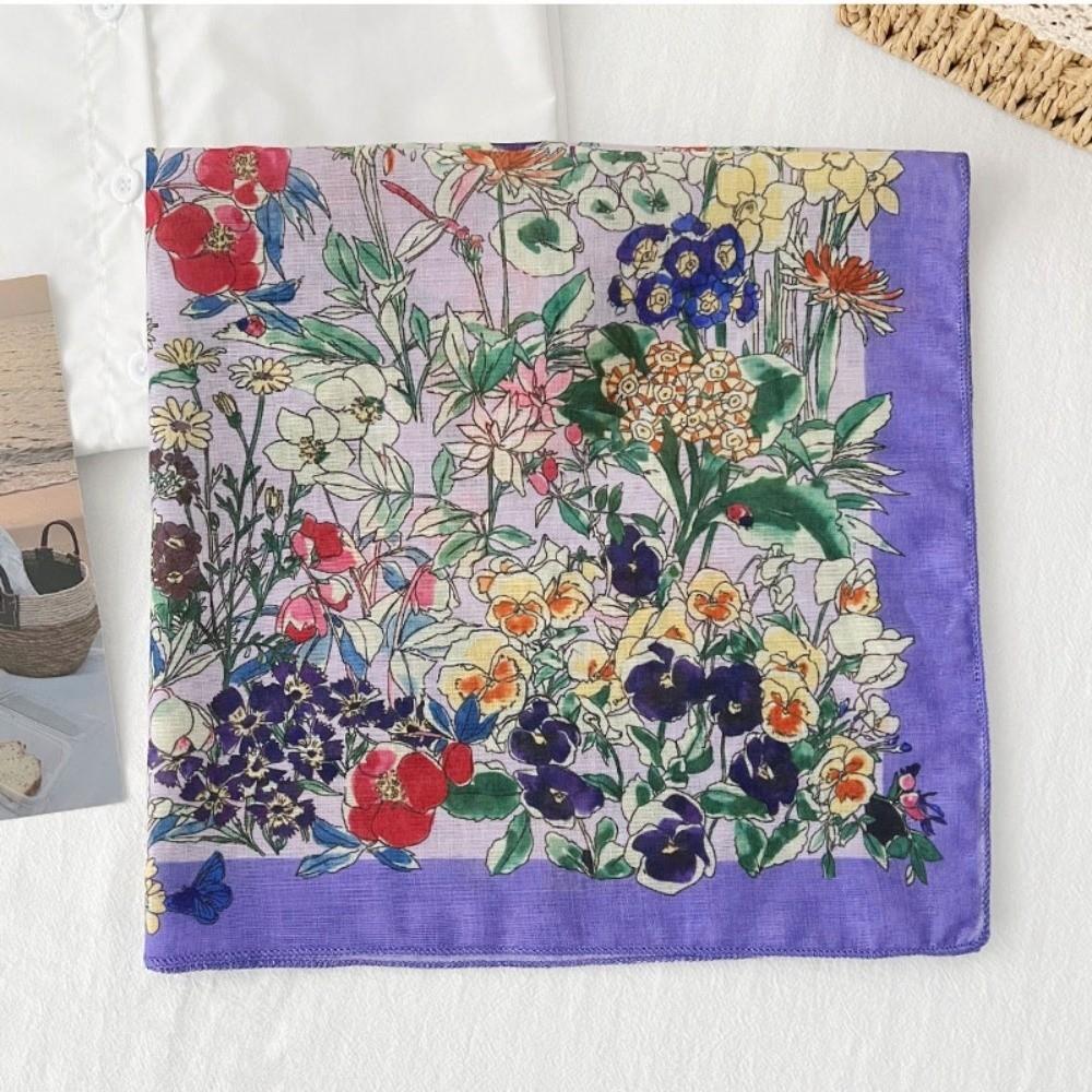 Pastoral Style Printed Silk Scarf Square Floral Kerchief Headband Cotton Linen Square Scarf  Women
