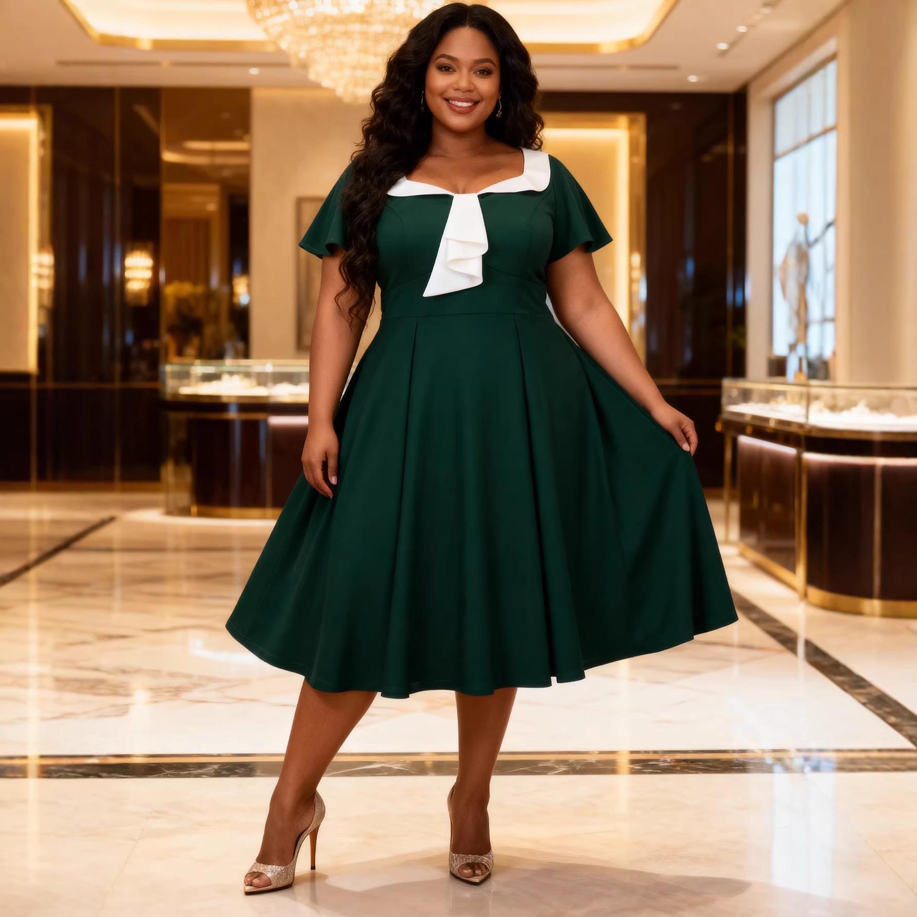 

Plus Size Retro A-line Short-Sleeved Formal Dress: Elegant & Slimming 4XL темно-зелений колір