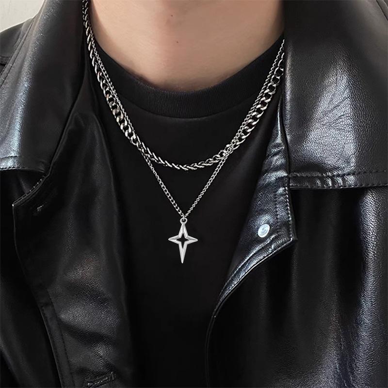 Double Layer Cuban Star Pendant Necklace for Men Titanium Steel Hip Hop Design Clavicle Chain Jewelry