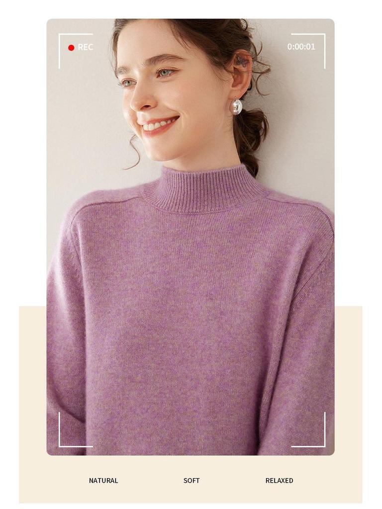 Women's Cashmere Winter Sweater - Half High Neck, Thick Knit, Saddle Shoulder, Loose Fit Pullover.
