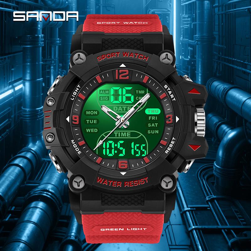 SANDA Men's Multifunction Sport Watch: Waterproof, Countdown, Dual Display, Fashionable Student Wristwatch.