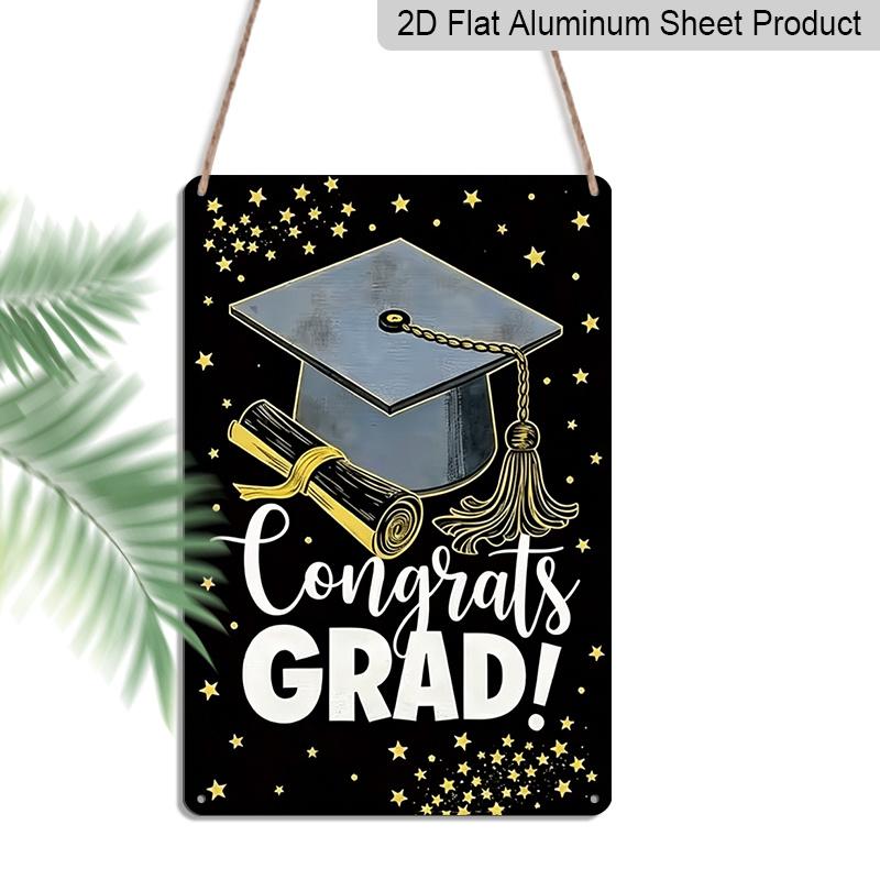 

2D Flat, 1pc Congrats Grad! Metal Wall Art Sign with Graduation Cap & Diploma - 8*12 Inch Aluminium Black & Gold Graduation Decor, Stars Themed 20*30cm