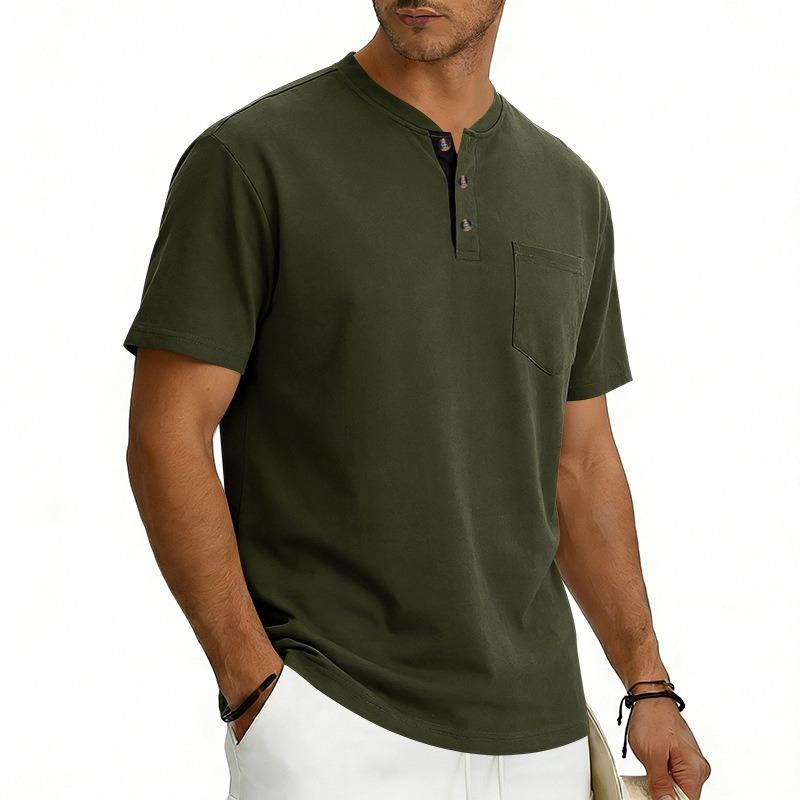 Men Henley Neck Short Sleeve T Shirt With Chest Pocket Casual Solid Color Tops