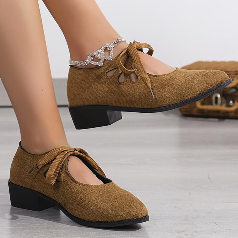 Fashion Korean Faux Suede Mid Heel Pumps Women Hollow Out Lace Up Loafers Shoes Woman 2025 Pointed Toe Plus Size Heels Shoes Ladies