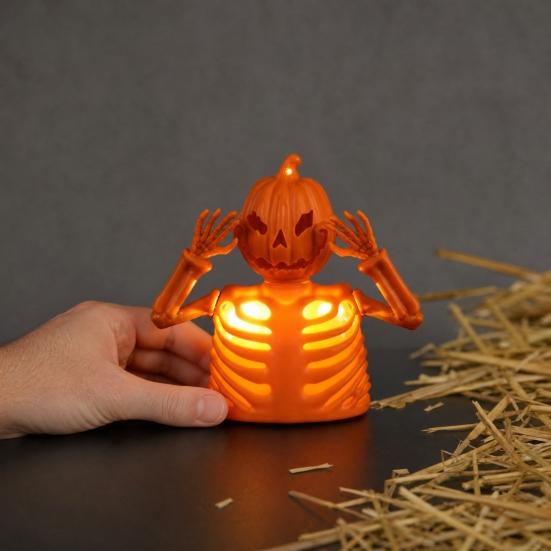 Halloween Pumpkin Skull Night Light, LED Spooky Decor for Haunted House, Glowing Ghost Ornament for Table Centerpiece