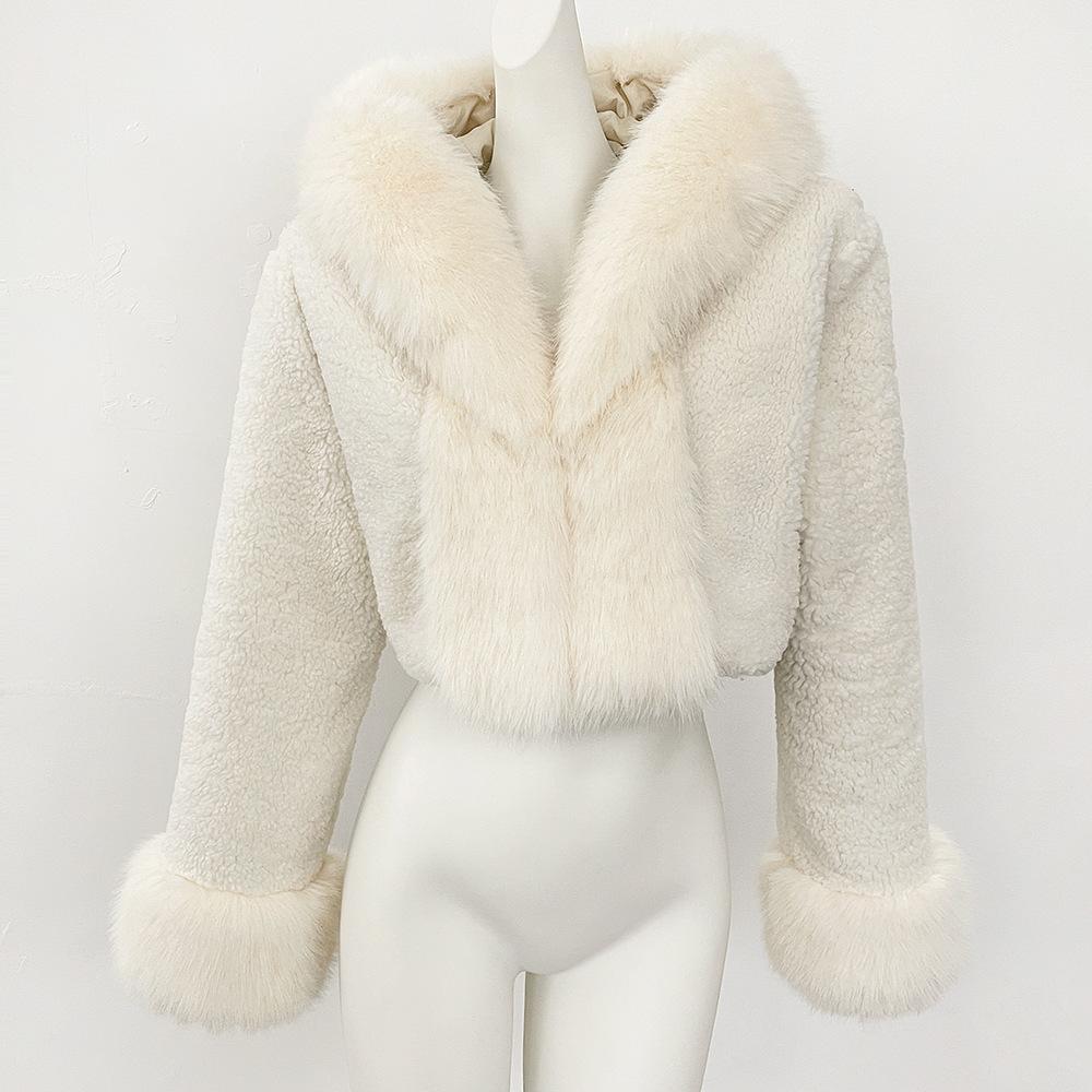 

High Quality Faux Fur Jacket for Women Short and Hooded Faux Fox Fur Long Sleeved Patchwork Jacket Hot Selling 2026 L білий