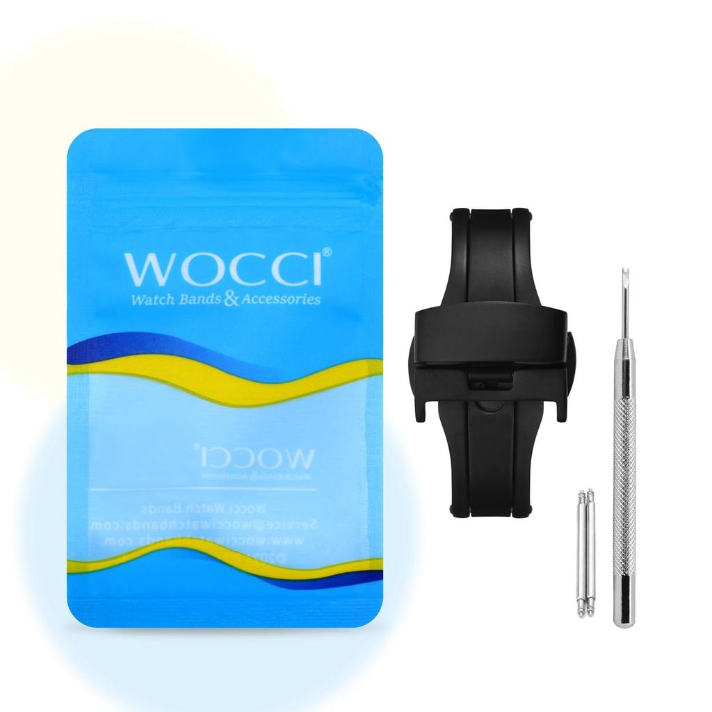 WOCCI Stainless Steel with Watch Band Replacement D-Buckle Double-Sided Buckle, Push-Button Clasp, 20mm/Black