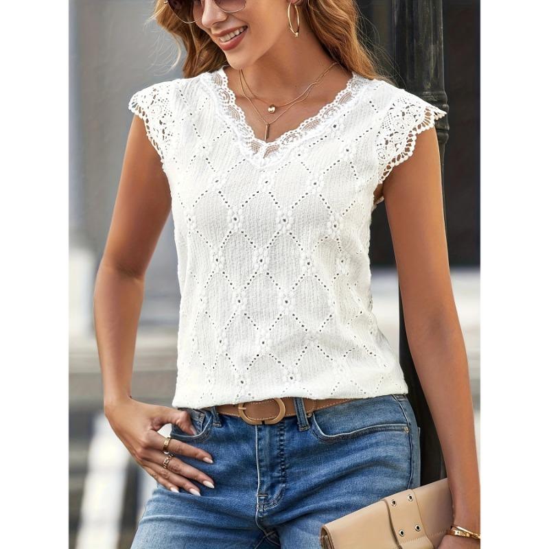 Women Summer Sleeveless Lace V-Neck Casual Lace T-Shirt