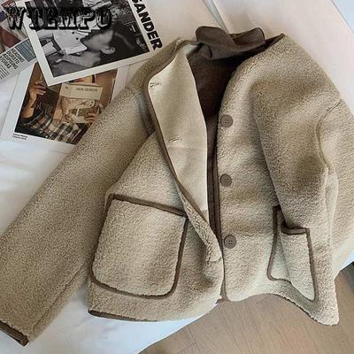 Round Collar Lambswool Coats Women's Spring Autumn Velvet Thick Solid Jackets Female Long Sleeve Casual Warm Cardigans