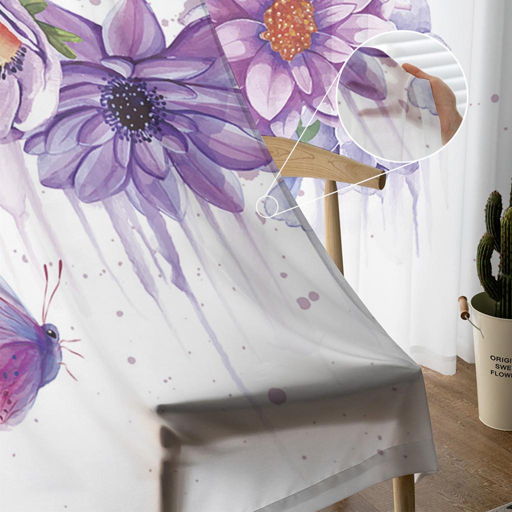 Watercolor Purple Flower Butterfly Sheer Curtains for Living Room Decoration Window Curtains Kitchen Tulle Voile Curtains