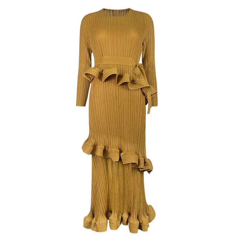Women's 2025 Spring Miyake Ruffled Long-Sleeve Lace-Up Dress, Medium-Length, Slim Fit, Pleated Bottom Skirt.