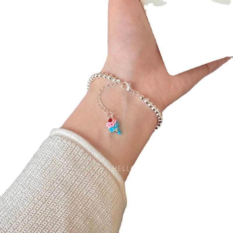 Trendy Cartoon Flower Bead Jewelry Set: Ice Cream Pendant Bracelet, Ring & Earrings for Women