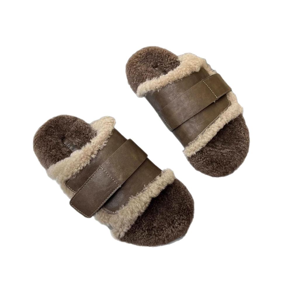 European autumn and winter wool shoes niche design lamb wool high-end sense thick sole outer wear retro belt buckle cotton slippers women