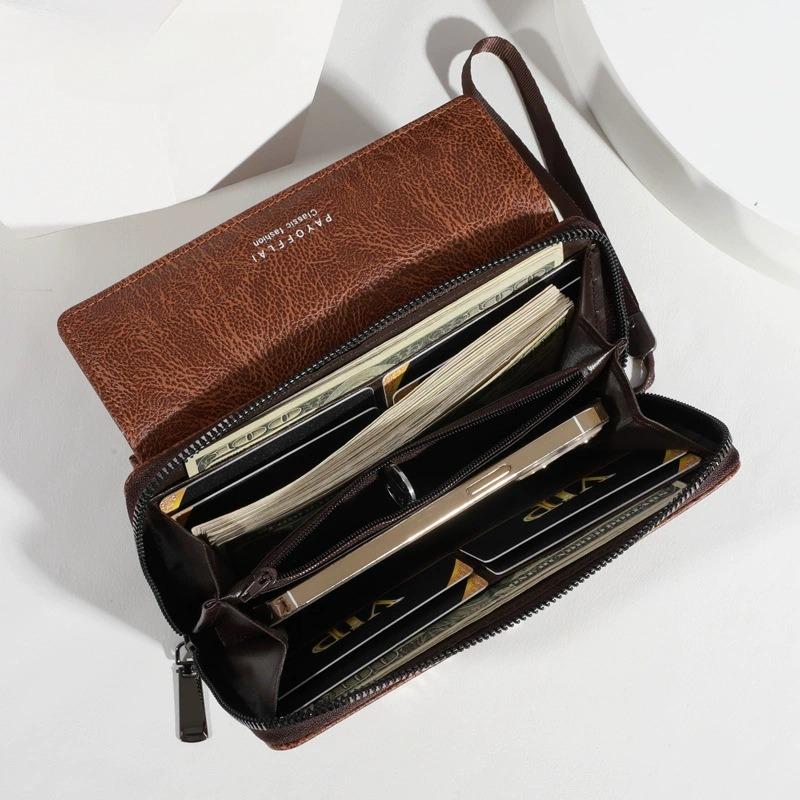 Men’s Leather Long Wallet RFID Blocking Clutch Wallet Large Capacity Zipper Bifold Purse Card Holder Coin Pocket Wrist Strap