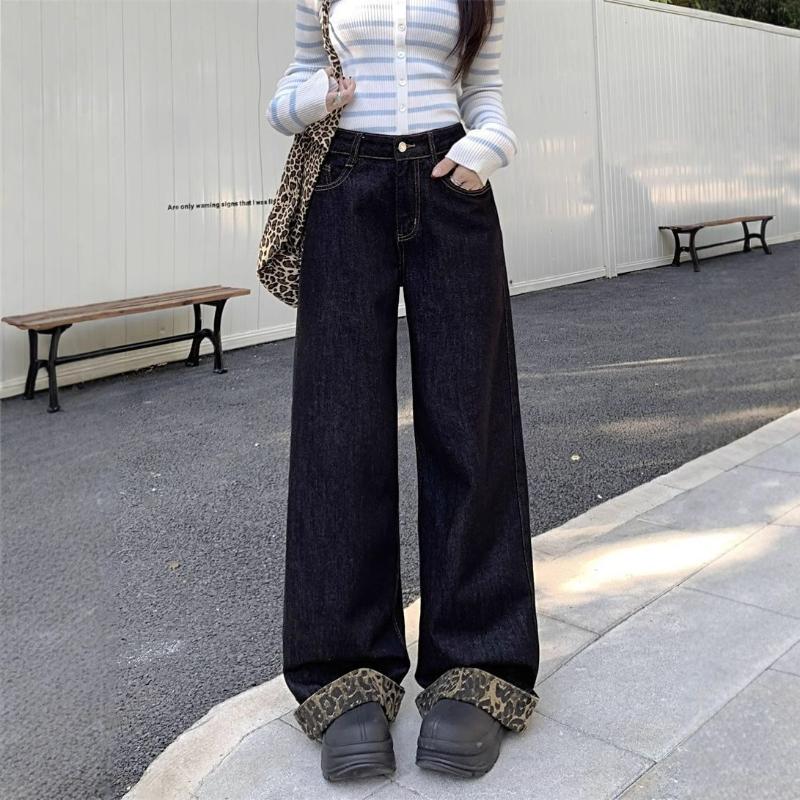 Cuffed Paneled Leopard Print Wide Leg Jeans Women Spring Autumn New Style Slimming Floor Length Loose Straight Leg Pants
