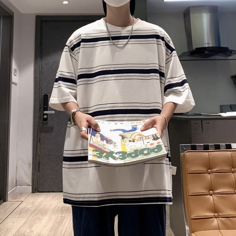 Casual Short Sleeve Pullovers Summer Young Style Contrasting Colors Men's Clothing Striped Basic Round Neck Chic Loose T-shirts