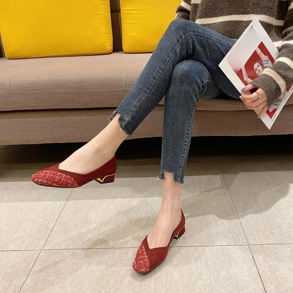 2025 Spring Summer Women High Heels Elegant Ladies Pumps Soft Cloth Square Heel 3.5cm Black Blue Red Plus Size 42 D228