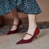Burgundy Single Shoes Women's One-button Retro Mary Jane Shoes Shallow Mouth Gentle Shoes Pointed Thin Heel Temperament High Heels