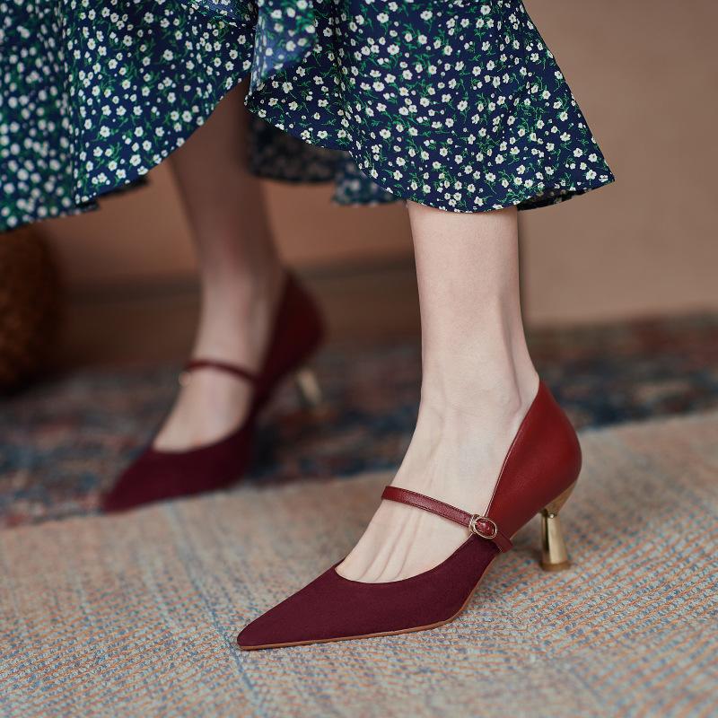 Burgundy Single Shoes Women's One-button Retro Mary Jane Shoes Shallow Mouth Gentle Shoes Pointed Thin Heel Temperament High Heels