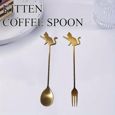 2pcs Cute Cat Design Stainless Steel 304 Dessert Spoon and Fork Set, Short Handle Satin Finish, Tea Spoon .