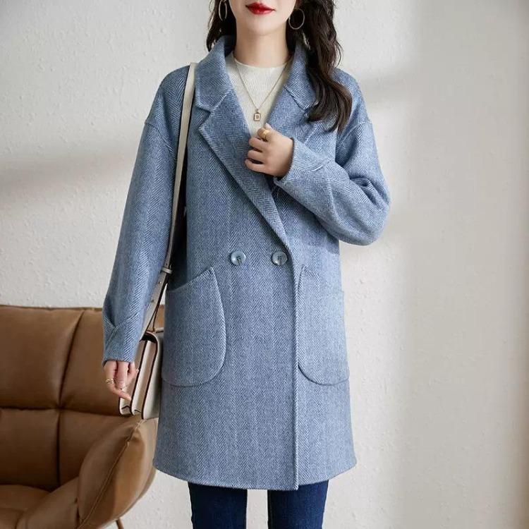 Korean Version Women's Woolen Coat New Autumn Winter Thickened Medium Long Herringbone Temperament