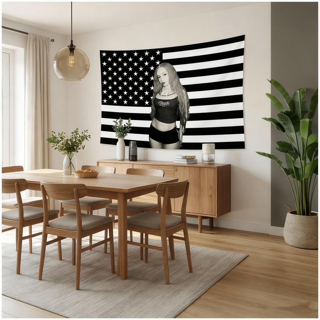 Ice Spice Usa Flag Tapestry, Black & White Stripe Background, Durable Fabric, Perfect For Dorm, Outdoor Party, Graduation & Gift