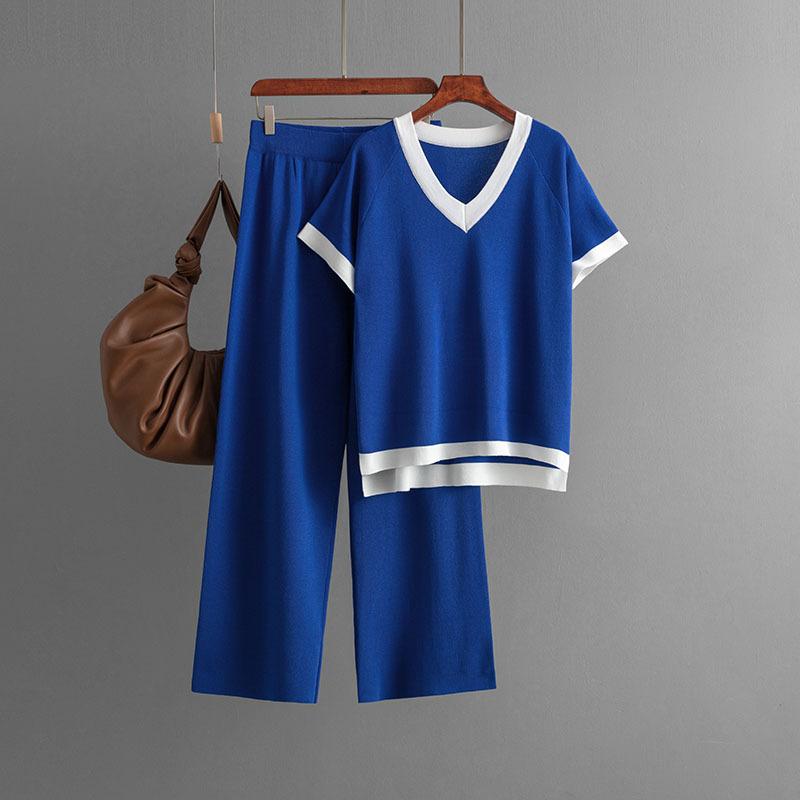 Simple and Fashionable Collar Short-sleeved Knitted Sweater High Waist and Thin Drape Trousers Contrasting Color Knitted Two-piece Set