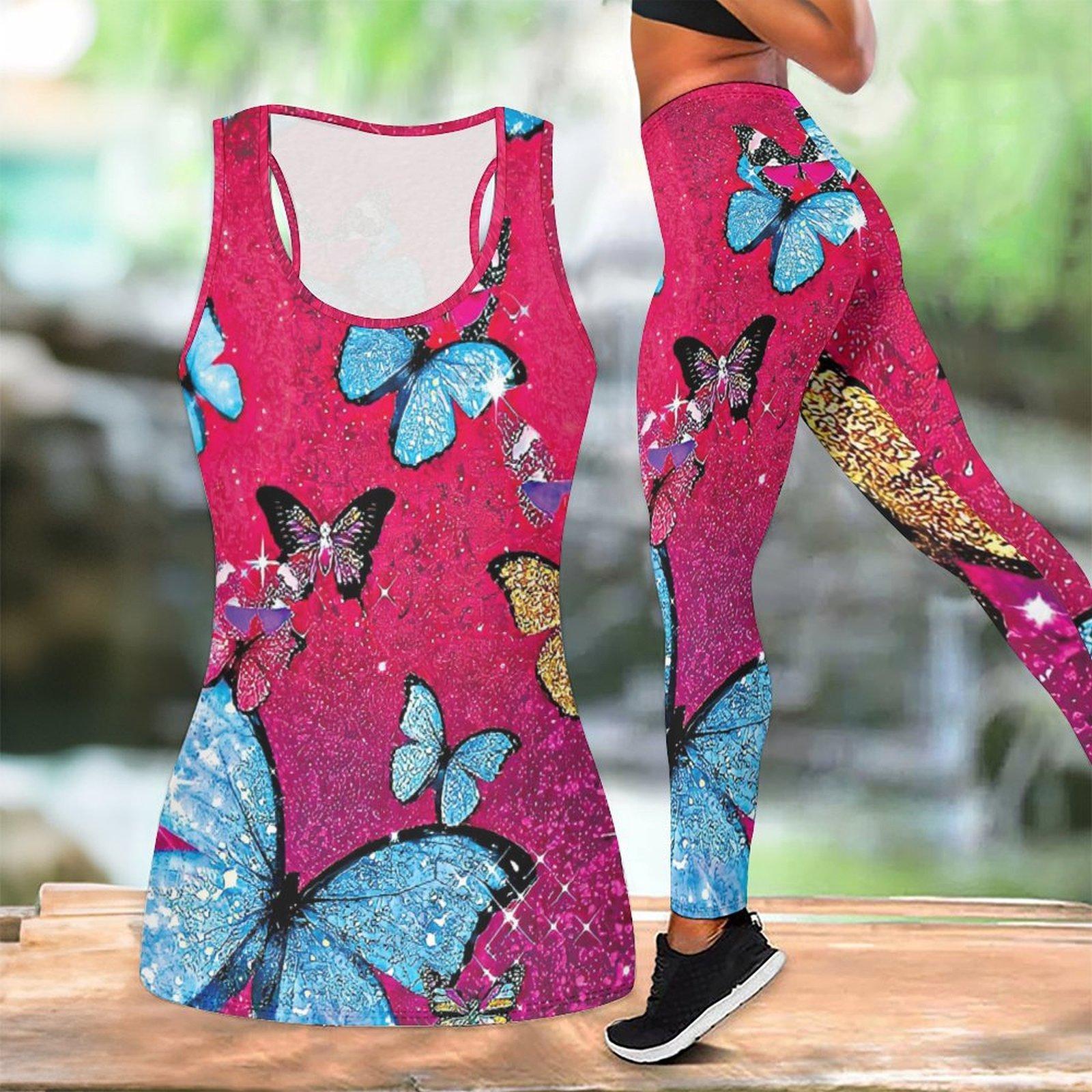 

Butterfly Print Yoga Outfit for Women Fashion Workout Leggings Fitness Sports Casual Yoga Set Sports Suit XXL глибокий рожевий колір