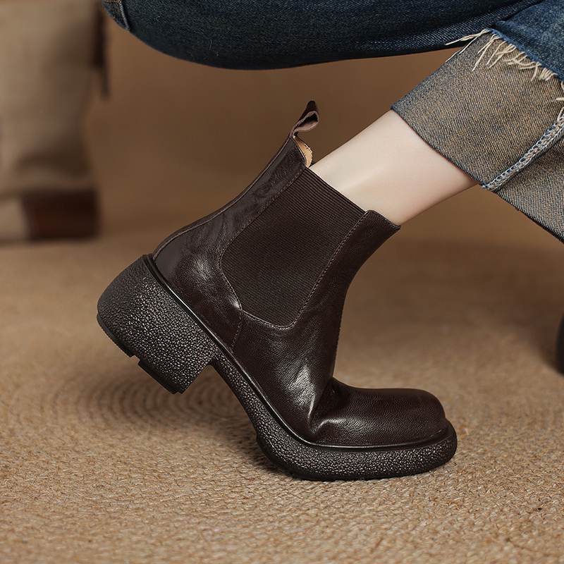 Krazing Pot Sheepskin Pleated Decoration Autumn Winter Shoes Chunky Heels Size 43 Size 42 Round Toe Slip on Retro Fashion Ankle Boots