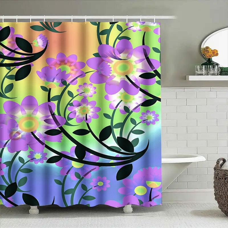 Bright Bath Shower Curtain Waterproof Printed Fabric Floral Decorative Pattern 180X240Cm For Bathroom Decorations Lavender Purpl