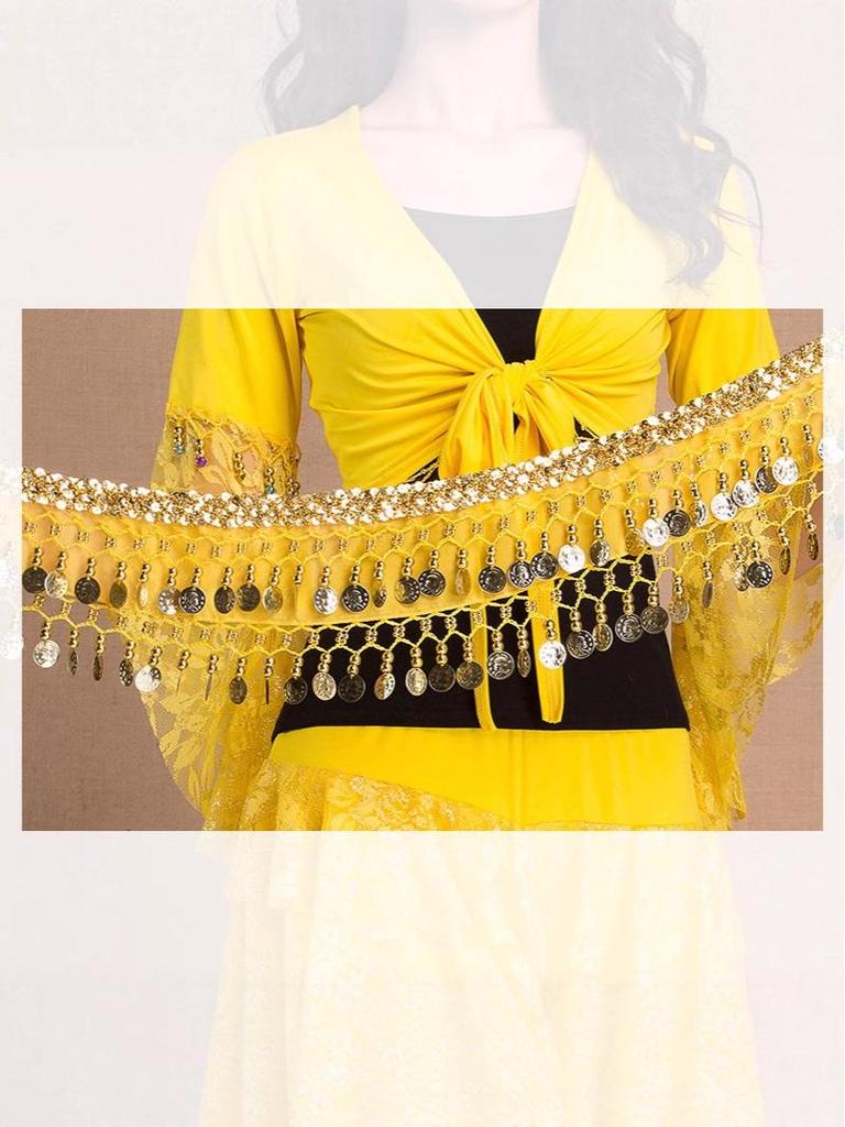 Gold-Edged Indian Dance Hip Scarf with Hanging Coins for Belly and Square Dance Performances