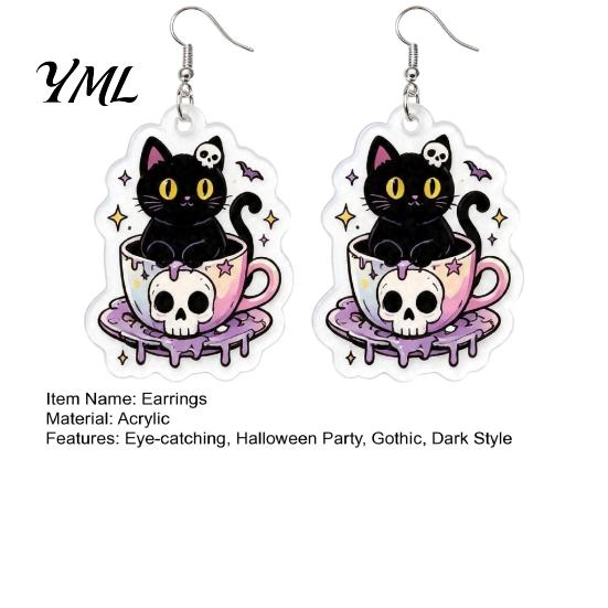 Lightweight Daily Wear Earrings 1 Pair Halloween for Women, 2D Acrylic Teacup Black Cat Women Dangle Drop Earrings, Gothic Cartoon Jewelry Party,