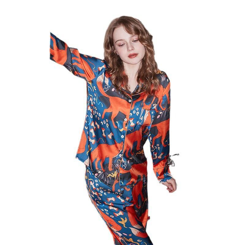 Womens Fox Camping Pajamas Thin Ice Silk Long Sleeve Loungewear Set
