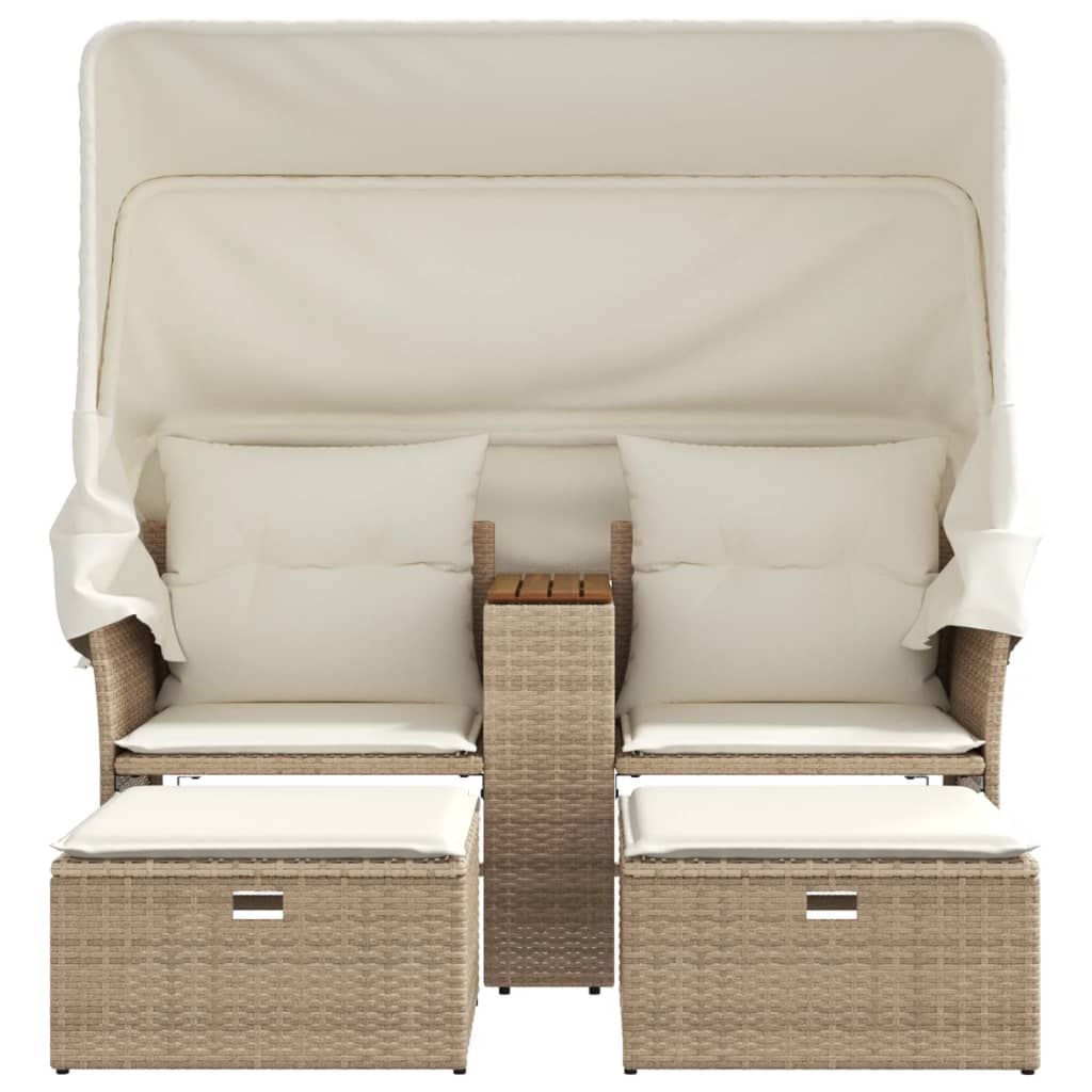 2 Seater Garden Sofa with Canopy and Footstools Beige Poly Rattan