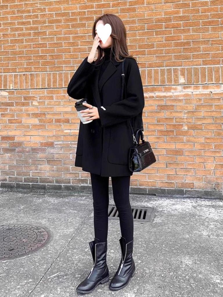 Plus Size Women's Black Wool Slimming Trench Coat - Double-Sided Woolen Jacket for Spring/Autumn 2025.