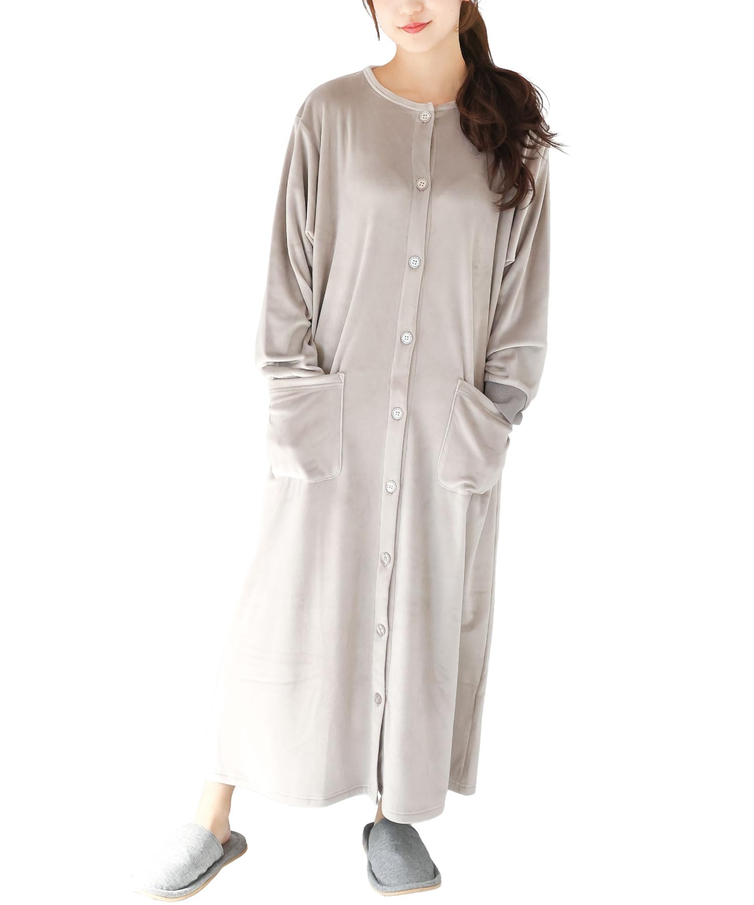

ON NISHIKI Winter Long Pajama Fluffy and Warm Stretch Long Loungewear Women s Nightgown, Sleeve, Open-Front Dress, Velvet, Length, (Grey 2/ML/77515)
