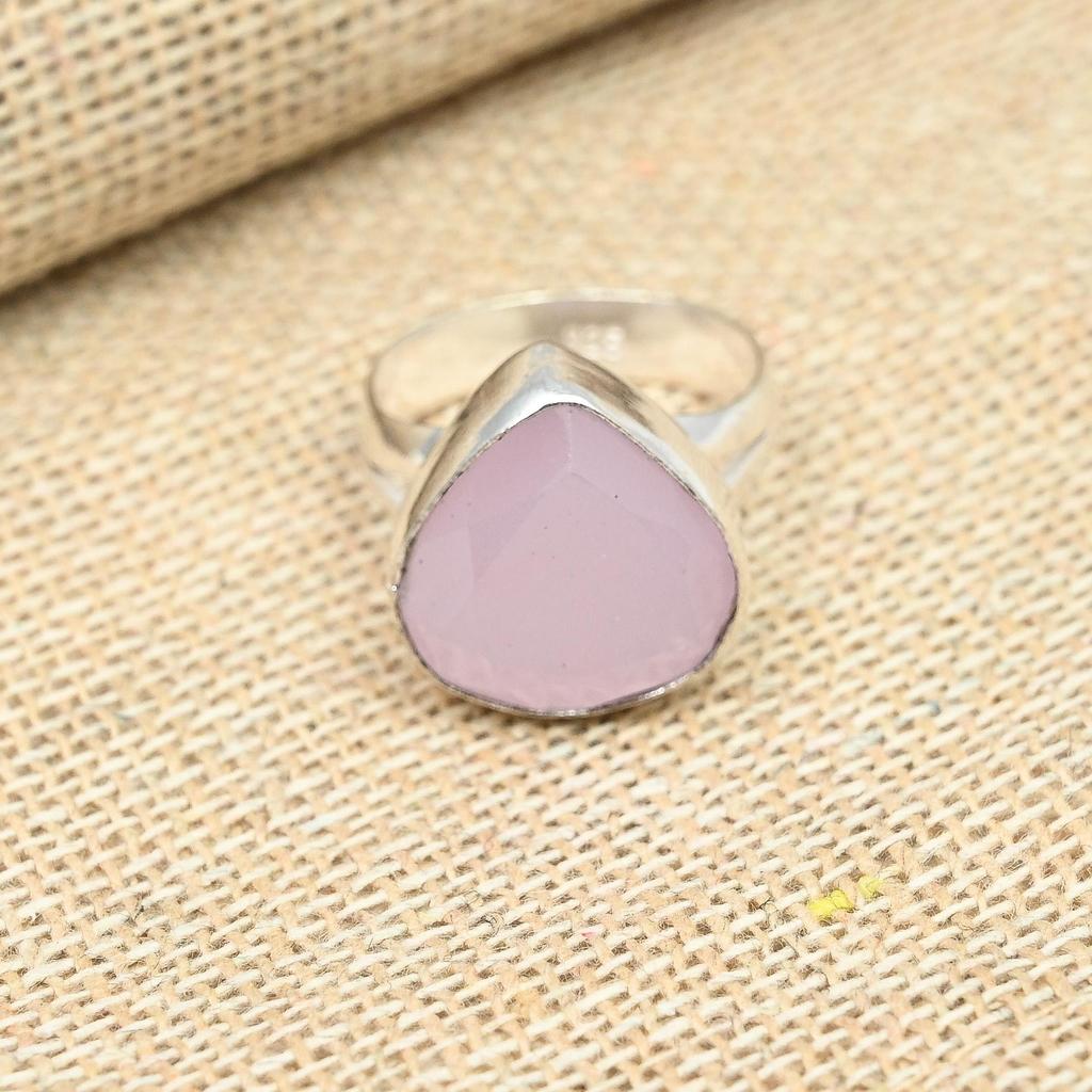 Beautiful Pink Chalcedony Gemstone 925 Sterling Silver Ring Pear Shape Handmade Jewelry