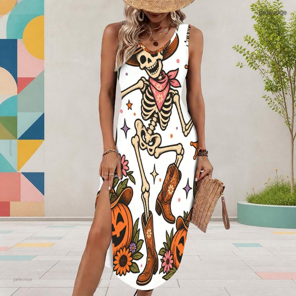Women Plus Size U Neck Sleeveless Dress Cartoon Witch Raccoon Halloween Printed High Side Slit Curved Hem