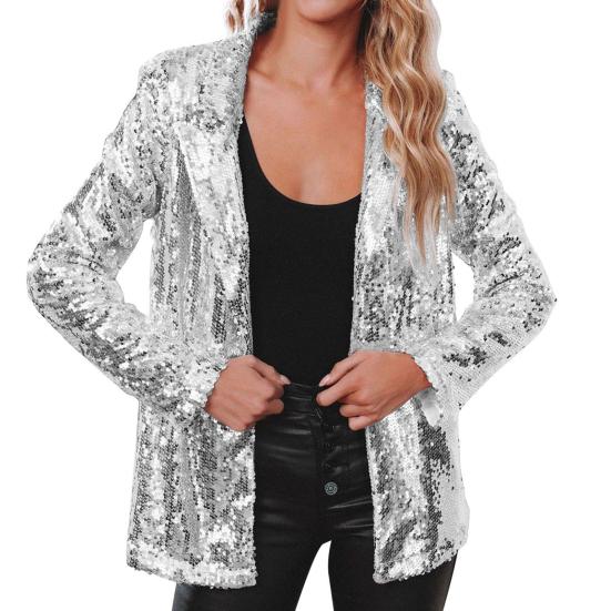 Women's Sequin Jacket Shiny Open Front Blazer Jacket Evening Party Sparkly Long Sleeve Cardigan Coat with Pockets