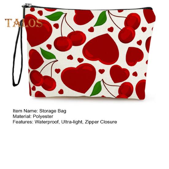 Cosmetic Storage Bag Heart And Cherrt Printing Contrast Color Makeup Organizer Zipper Closure Large Capacity Portable with Hanging Strap Beauty Bag