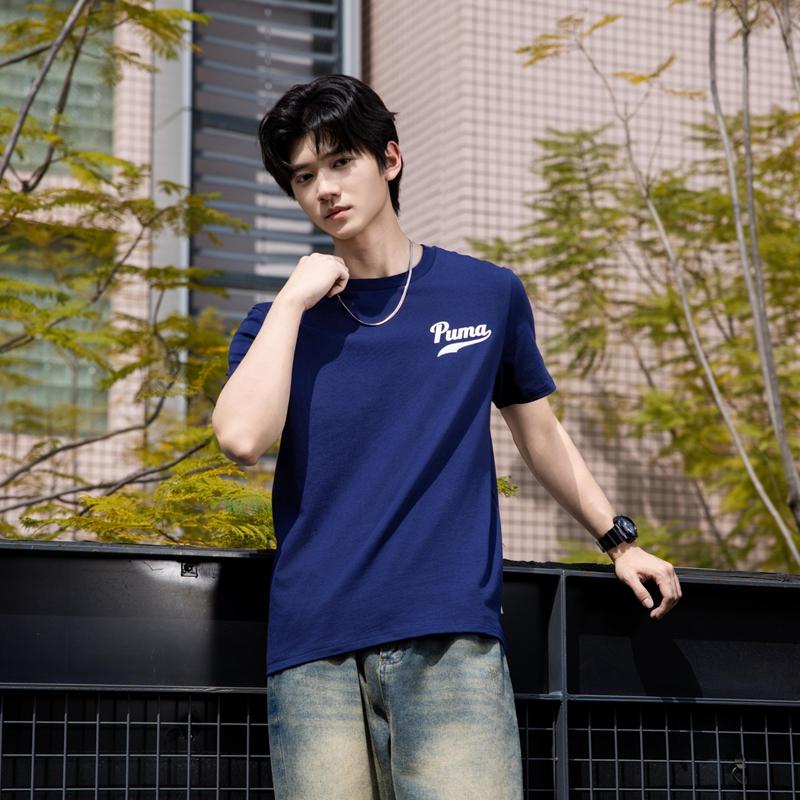 PUMA Fashionable Round Neck Short Sleeve T-Shirt Unisex Tops Navy-Blue 635374-06
