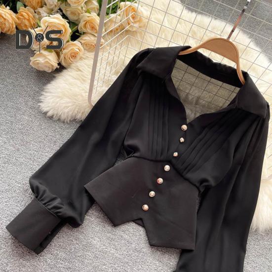 Women French Style Shirt Lapel V Neck Puff Long Sleeve Shirt Buttons Decor Irregular Hem Solid Color Tops