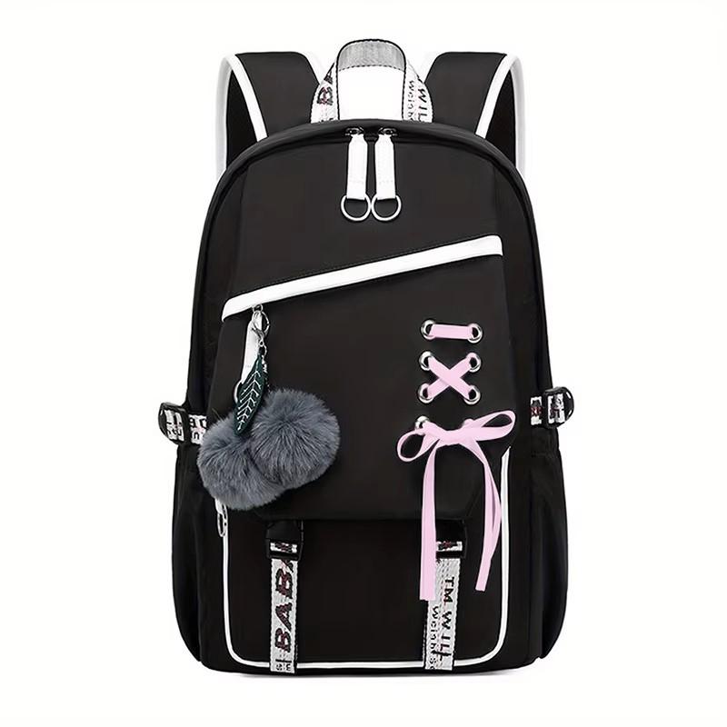 

Large Capacity Schoolbag With Cute Plush Pendant Cute Girls Backpack Waterproof Nylon Fabric Bookbag For Kids Teens Students Set